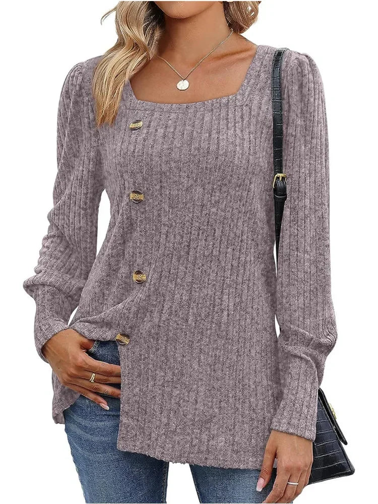 Sweaters- Women Long Sleeve Sweater Top with Button Detail- - Pekosa Women Fashion