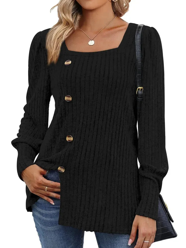 Sweaters- Women Long Sleeve Sweater Top with Button Detail- Black- Pekosa Women Fashion