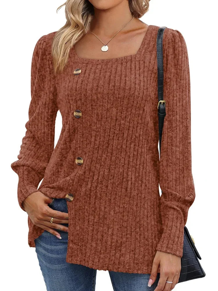 Sweaters- Women Long Sleeve Sweater Top with Button Detail- Rust- Pekosa Women Fashion