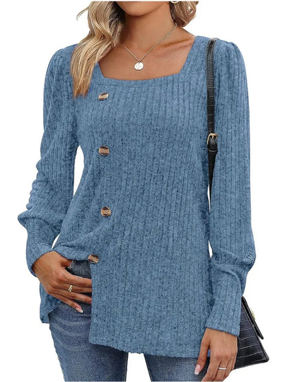 Sweaters- Women Long Sleeve Sweater Top with Button Detail- Sky Blue- Pekosa Women Fashion