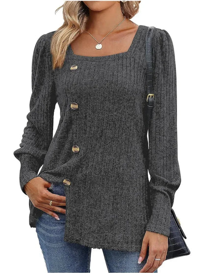 Sweaters- Women Long Sleeve Sweater Top with Button Detail- Dark Gray- Pekosa Women Fashion