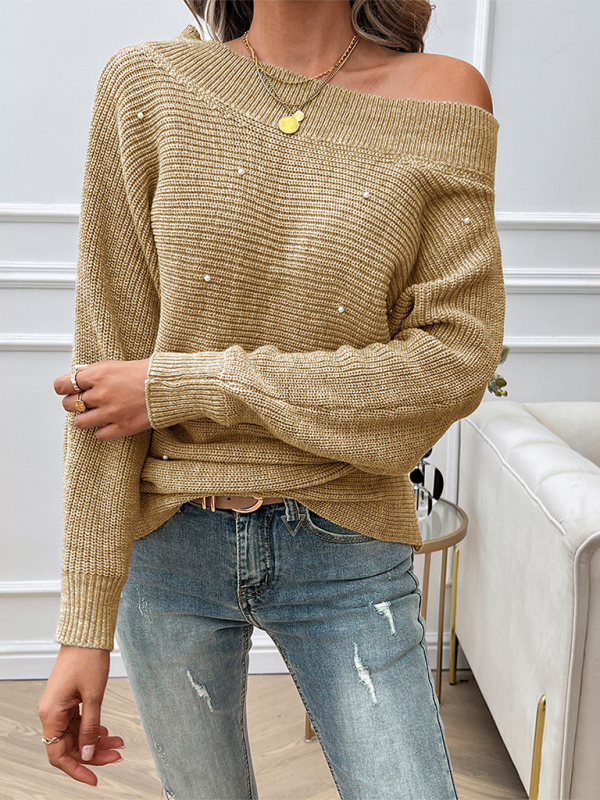 Women Off-the-Shoulder Sweater with Pearl Accents