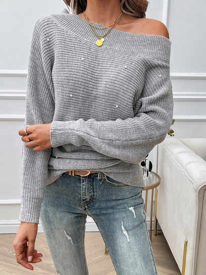 Women Off-the-Shoulder Sweater with Pearl Accents