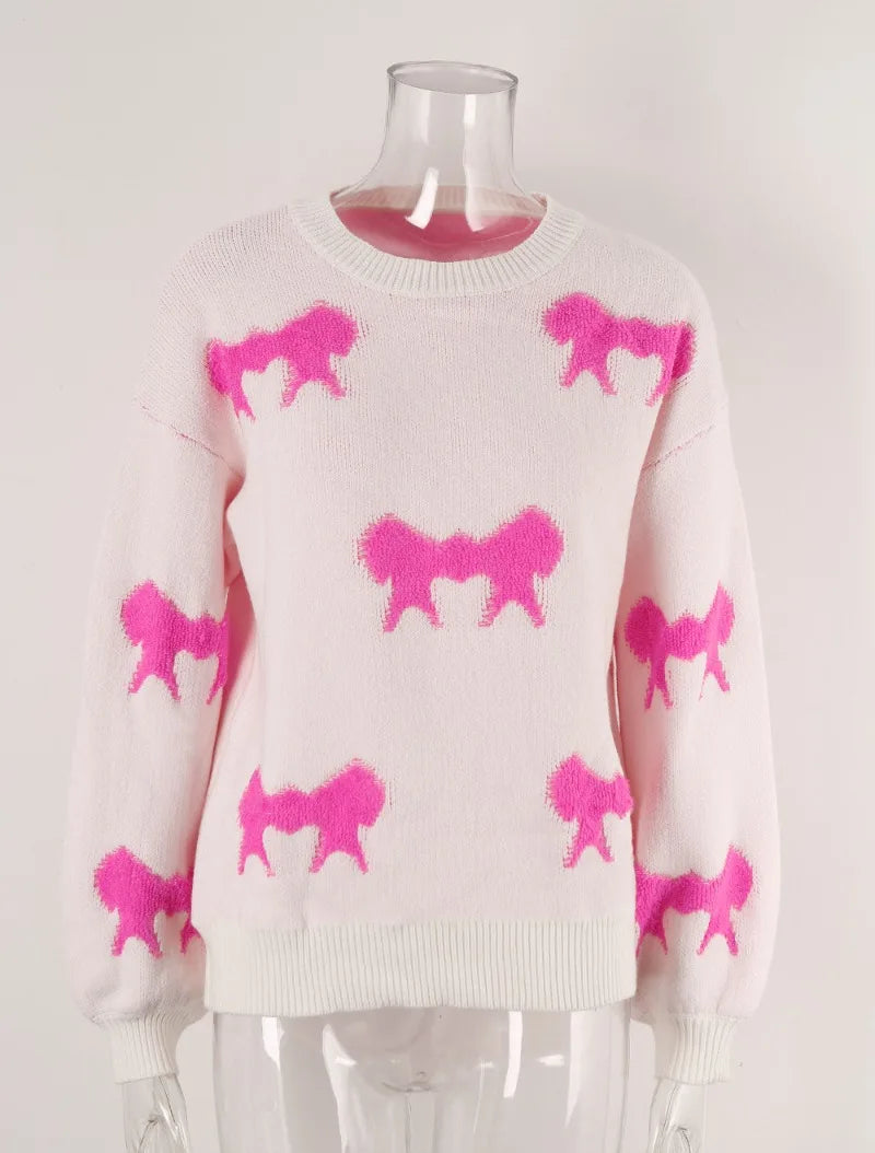 Sweaters- Women Playful Bow Pattern Crewneck Sweater- - Pekosa Women Fashion