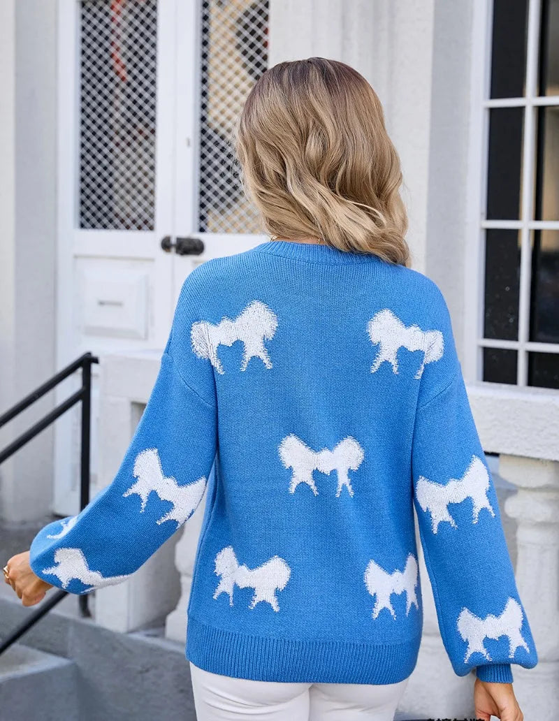 Sweaters- Women Playful Bow Pattern Crewneck Sweater- - Pekosa Women Fashion