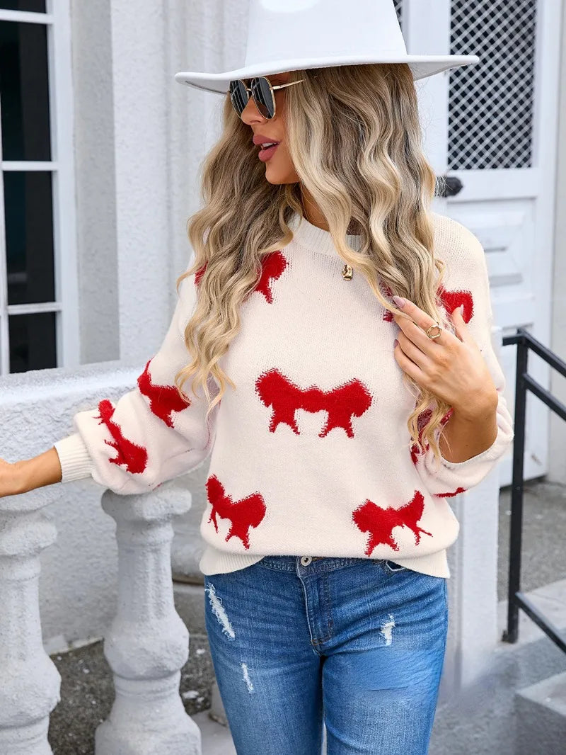 Sweaters- Women Playful Bow Pattern Crewneck Sweater- - Pekosa Women Fashion