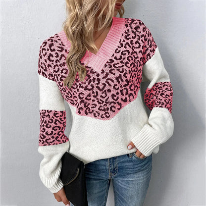 Sweaters- Women Trendy Color Block Leopard Knit Sweater- Pink- Pekosa Women Fashion