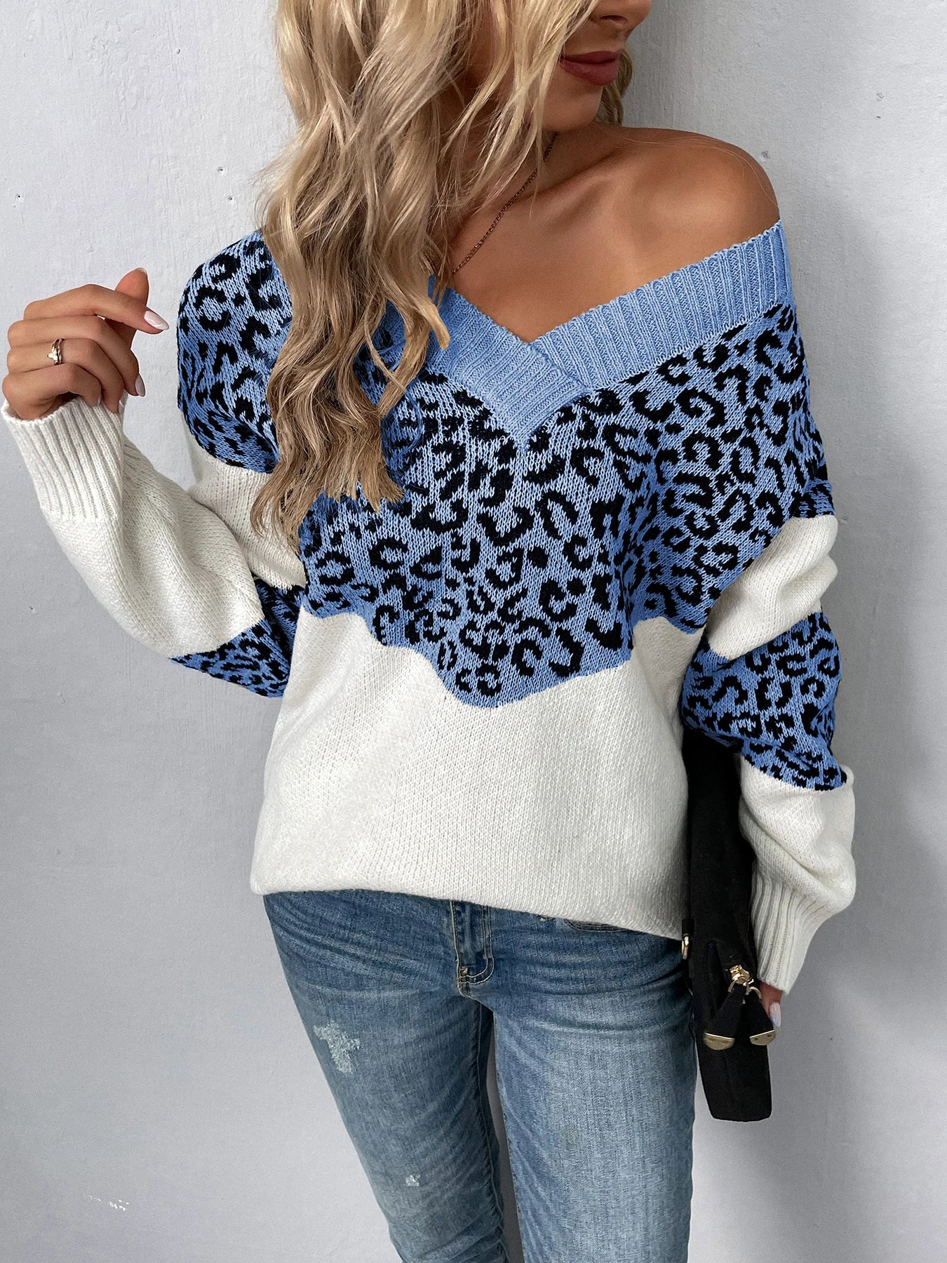 Sweaters- Women Trendy Color Block Leopard Knit Sweater- - Pekosa Women Fashion