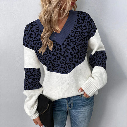 Sweaters- Women Trendy Color Block Leopard Knit Sweater- Navy Blue- Pekosa Women Fashion