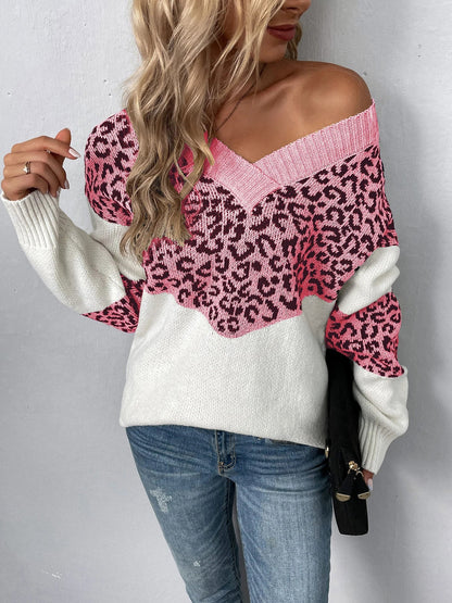 Sweaters- Women Trendy Color Block Leopard Knit Sweater- - Pekosa Women Fashion