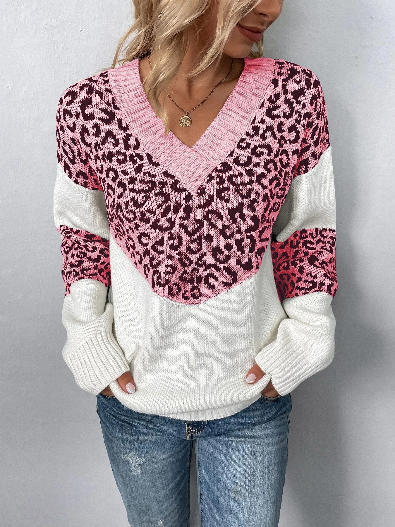 Sweaters- Women Trendy Color Block Leopard Knit Sweater- - Pekosa Women Fashion