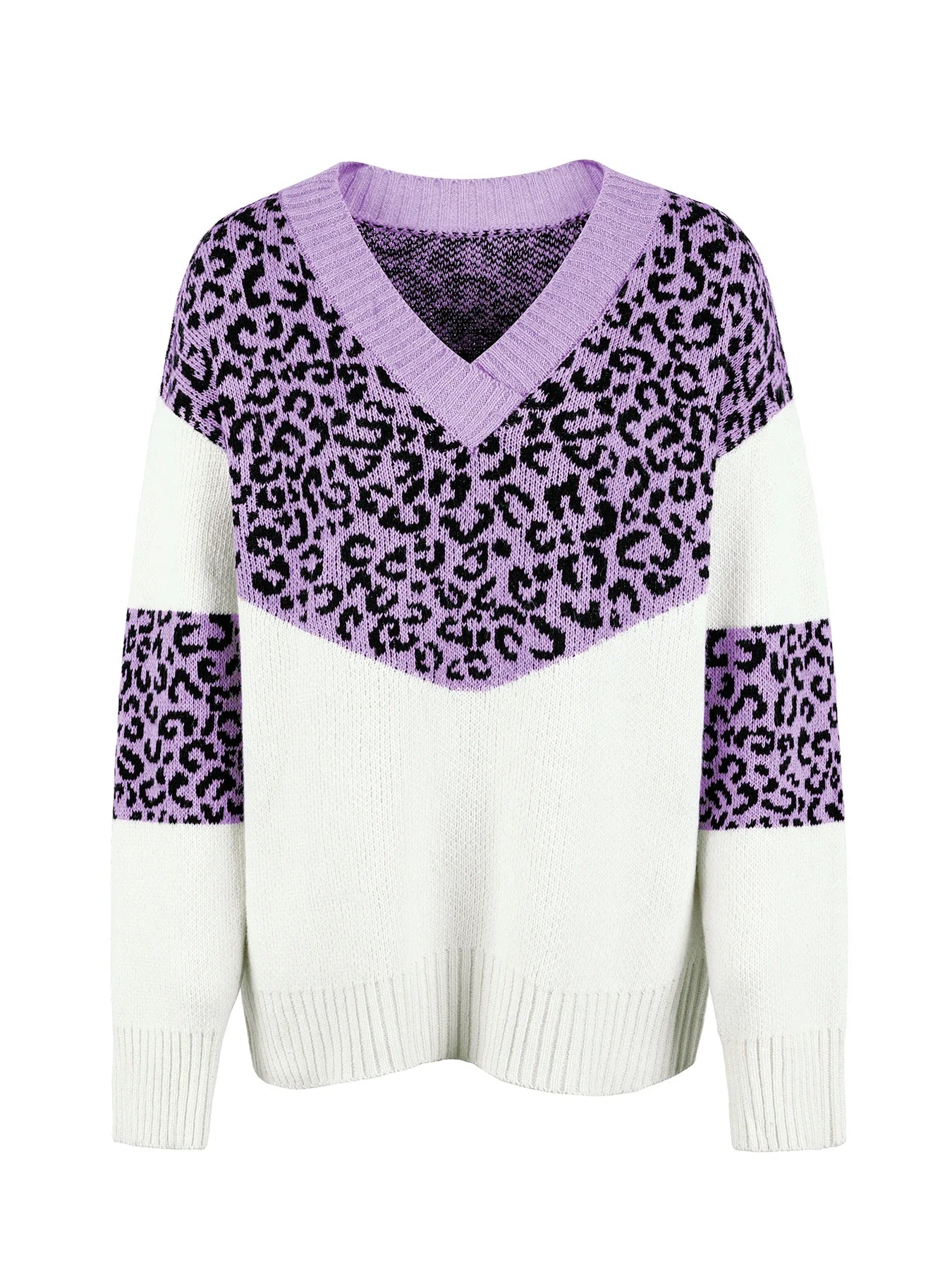 Sweaters- Women Trendy Color Block Leopard Knit Sweater- - Pekosa Women Fashion