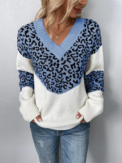 Sweaters- Women Trendy Color Block Leopard Knit Sweater- - Pekosa Women Fashion