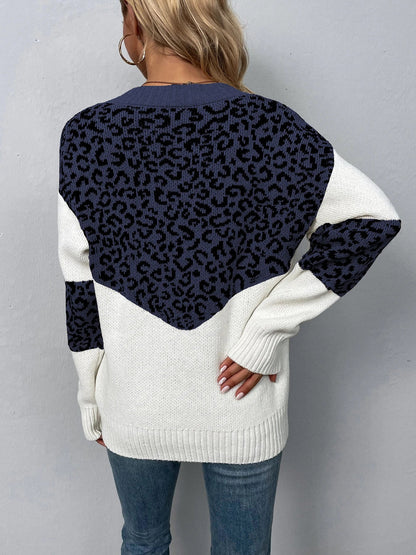 Sweaters- Women Trendy Color Block Leopard Knit Sweater- - Pekosa Women Fashion