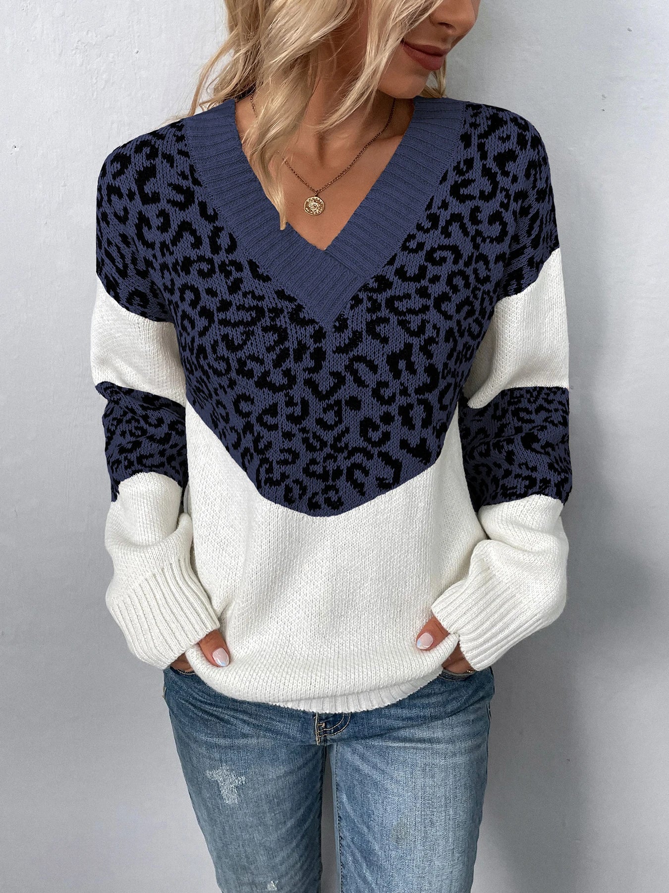 Sweaters- Women Trendy Color Block Leopard Knit Sweater- - Pekosa Women Fashion