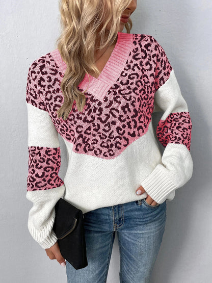 Sweaters- Women Trendy Color Block Leopard Knit Sweater- - Pekosa Women Fashion