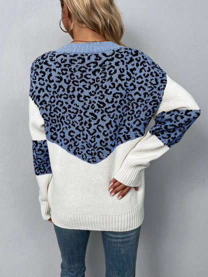 Sweaters- Women Trendy Color Block Leopard Knit Sweater- - Pekosa Women Fashion