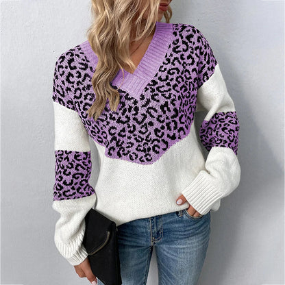 Sweaters- Women Trendy Color Block Leopard Knit Sweater- Purple- Pekosa Women Fashion