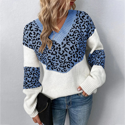 Sweaters- Women Trendy Color Block Leopard Knit Sweater- Blue- Pekosa Women Fashion