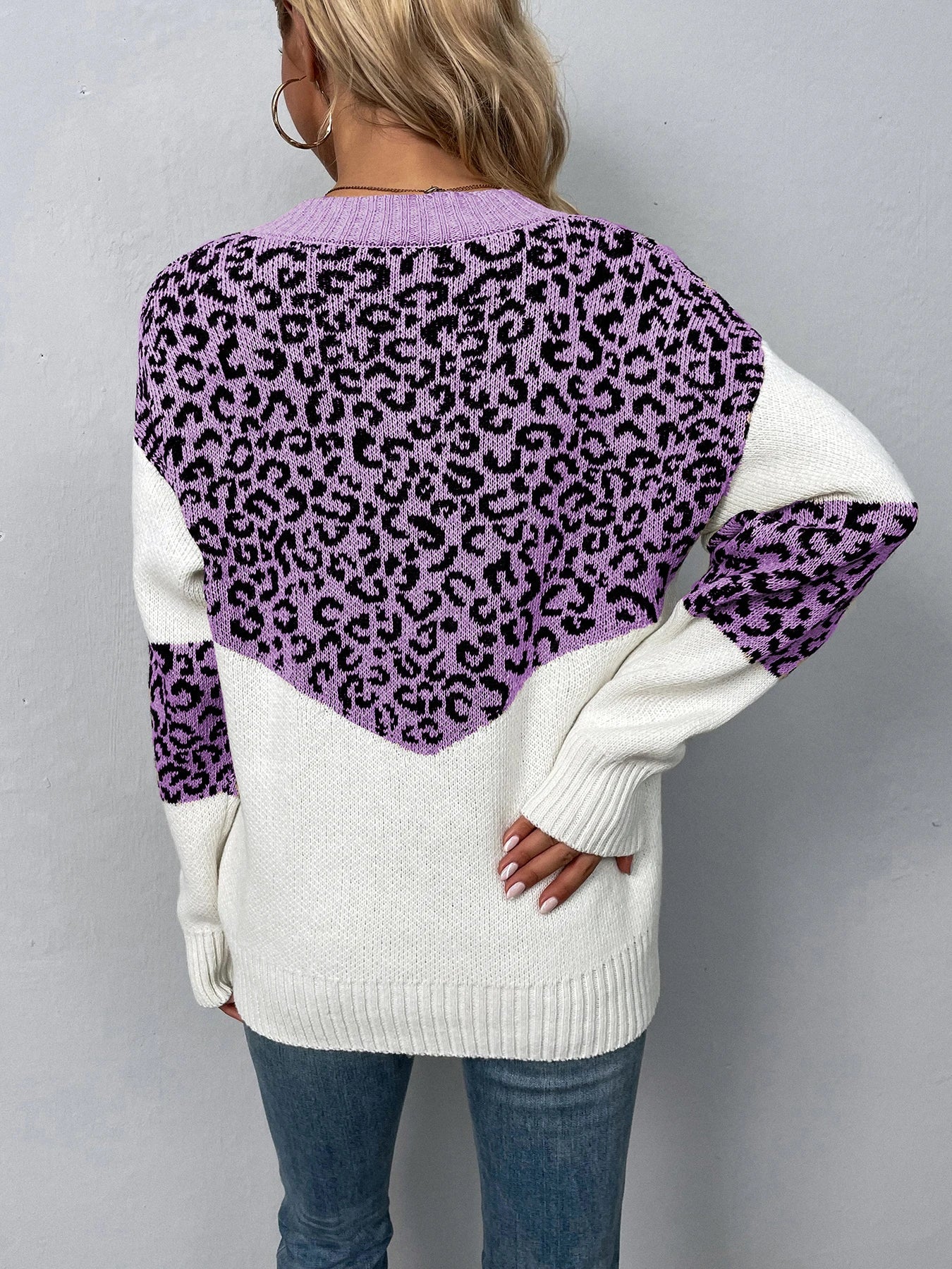 Sweaters- Women Trendy Color Block Leopard Knit Sweater- - Pekosa Women Fashion