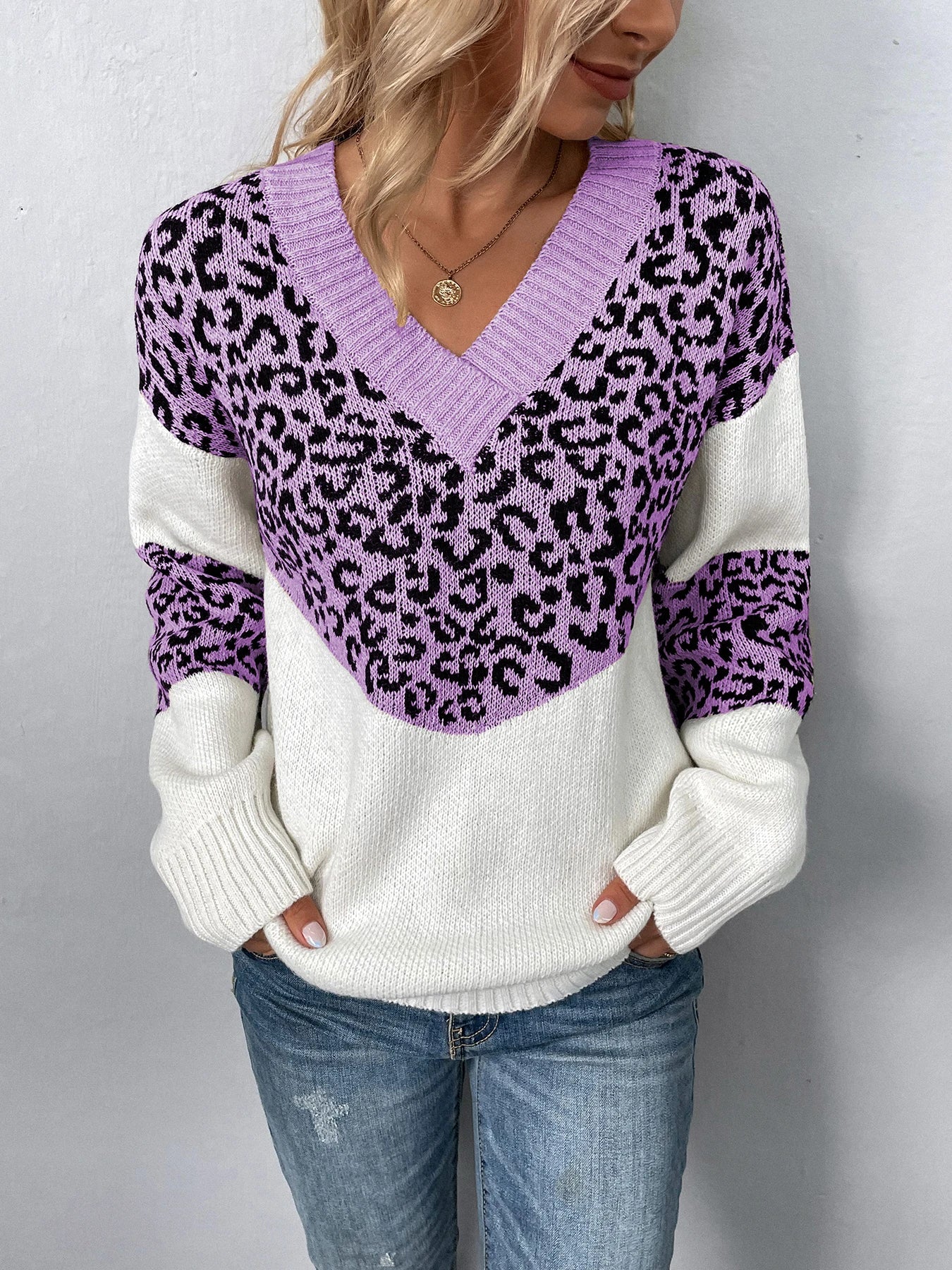 Sweaters- Women Trendy Color Block Leopard Knit Sweater- - Pekosa Women Fashion