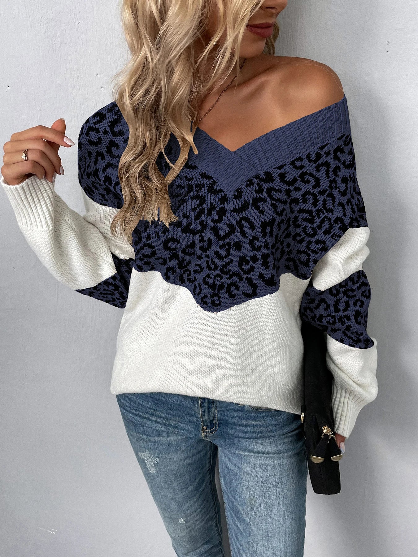 Sweaters- Women Trendy Color Block Leopard Knit Sweater- - Pekosa Women Fashion