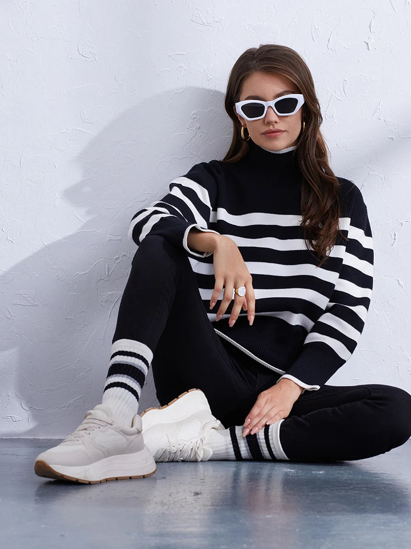 Sweaters- Women's Casual Striped Turtleneck Sweater