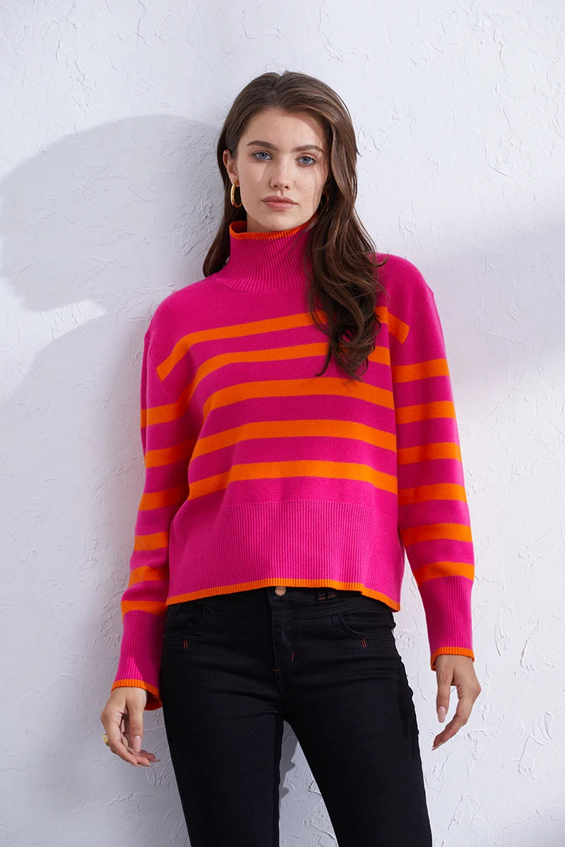 Sweaters- Women's Casual Striped Turtleneck Sweater