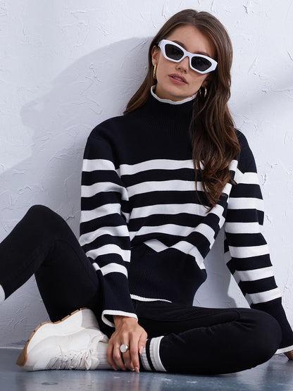 Sweaters- Women's Casual Striped Turtleneck Sweater