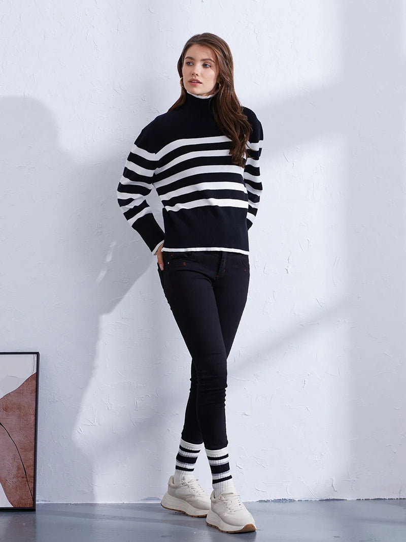 Sweaters- Women's Casual Striped Turtleneck Sweater