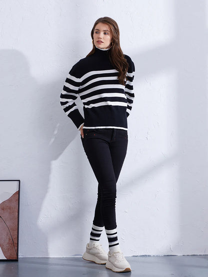 Sweaters- Women's Casual Striped Turtleneck Sweater