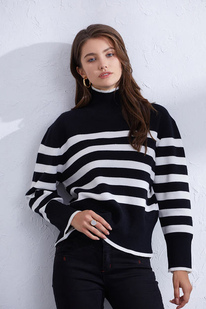 Sweaters- Women's Casual Striped Turtleneck Sweater