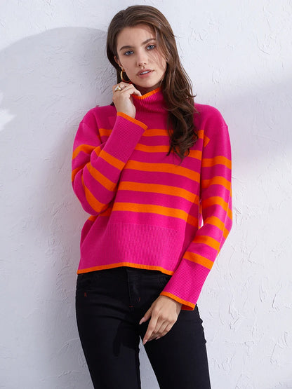 Sweaters- Women's Casual Striped Turtleneck Sweater