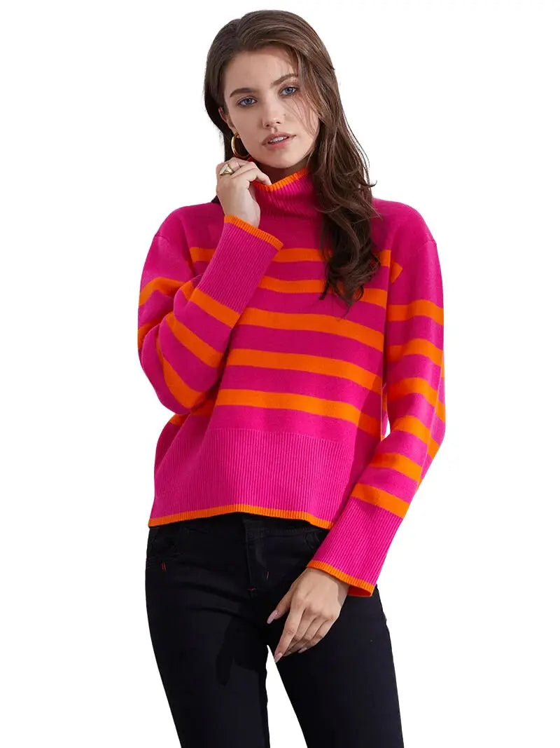 Sweaters- Women's Casual Striped Turtleneck Sweater