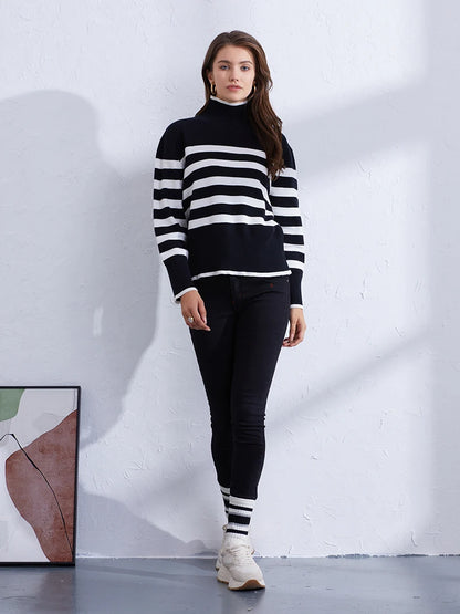 Sweaters- Women's Casual Striped Turtleneck Sweater