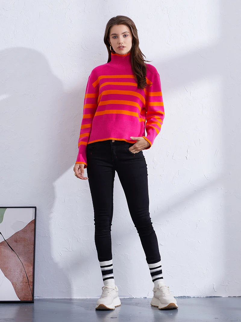 Sweaters- Women's Casual Striped Turtleneck Sweater