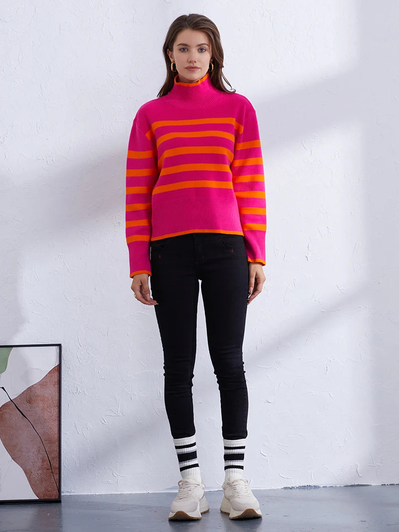 Sweaters- Women's Casual Striped Turtleneck Sweater