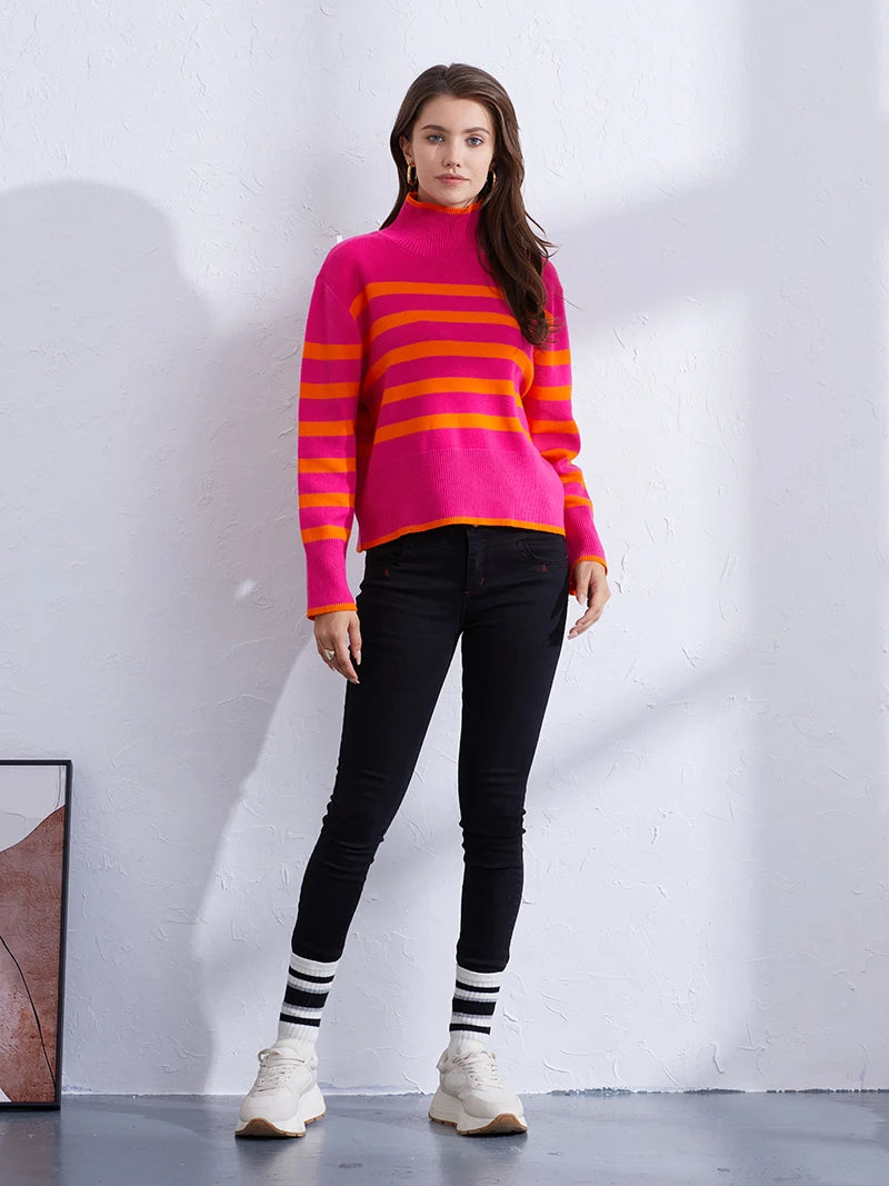 Sweaters- Women's Casual Striped Turtleneck Sweater