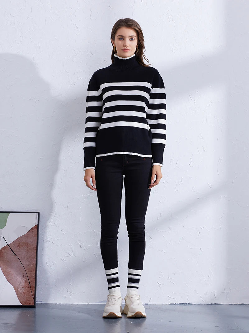 Sweaters- Women's Casual Striped Turtleneck Sweater