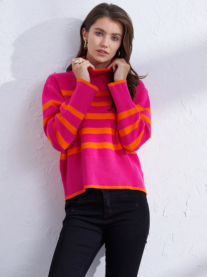 Sweaters- Women's Casual Striped Turtleneck Sweater