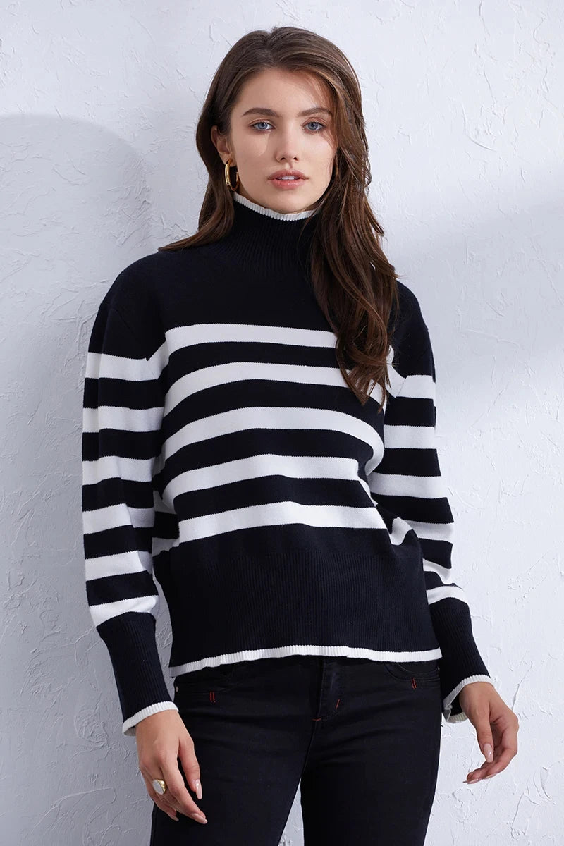 Sweaters- Women's Casual Striped Turtleneck Sweater