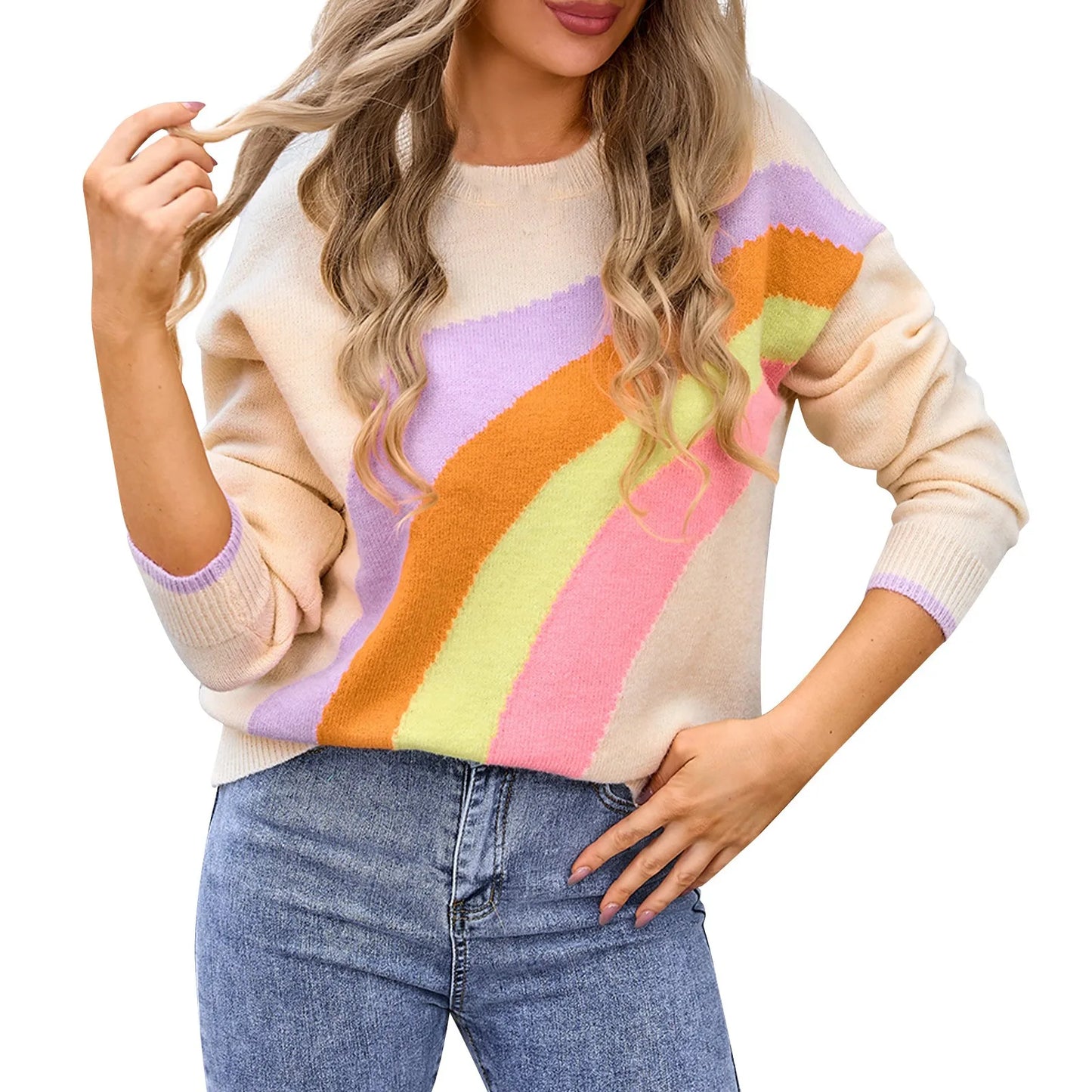 Sweaters- Women's Colorful Rainbow Knitted Jumper Cozy Sweater- Beige- Pekosa Women Fashion