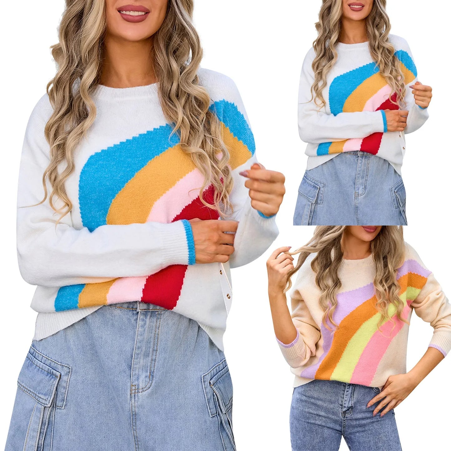 Sweaters- Women's Colorful Rainbow Knitted Jumper Cozy Sweater- - Pekosa Women Fashion