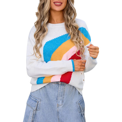 Sweaters- Women's Colorful Rainbow Knitted Jumper Cozy Sweater- White- Pekosa Women Fashion