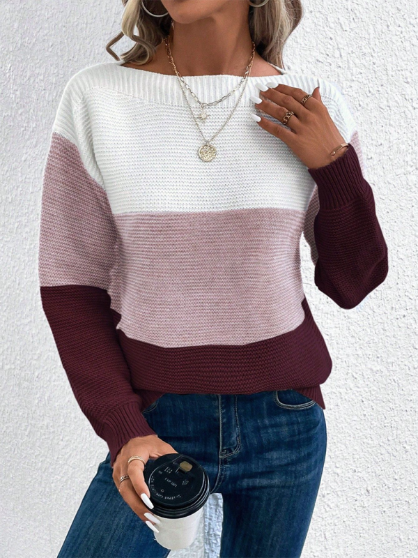 Sweaters- Women’s Cozy Loose-Fit Color-Block Sweater for Autumn Layering- Lotus root Pink- Pekosa Women Fashion