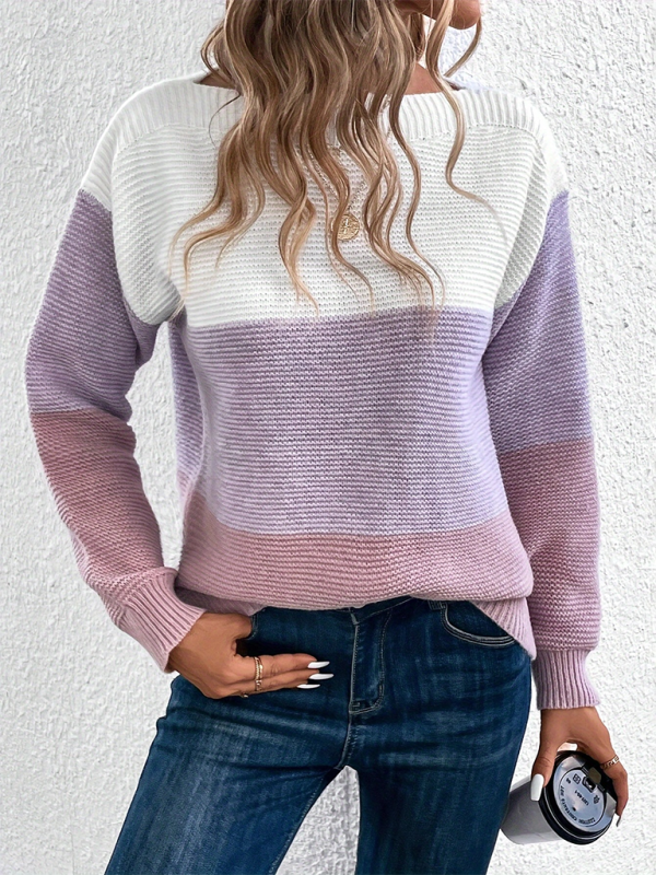 Sweaters- Women’s Cozy Loose-Fit Color-Block Sweater for Autumn Layering- Purple- Pekosa Women Fashion