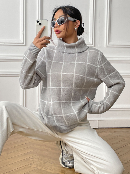 Sweaters- Women’s Cozy Plaid Turtleneck Jumper Sweater for Winter Layering- - Pekosa Women Fashion