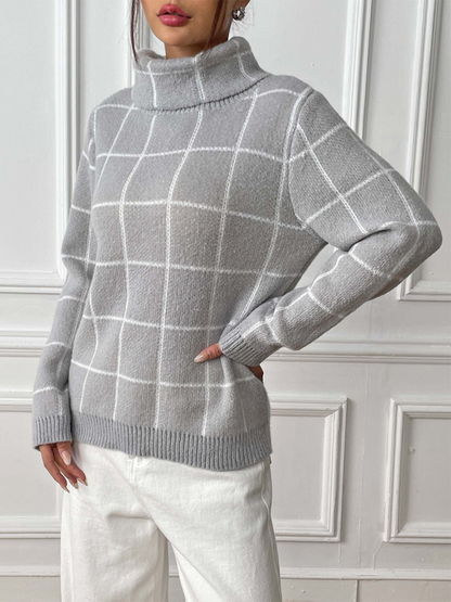 Sweaters- Women’s Cozy Plaid Turtleneck Jumper Sweater for Winter Layering- - Pekosa Women Fashion