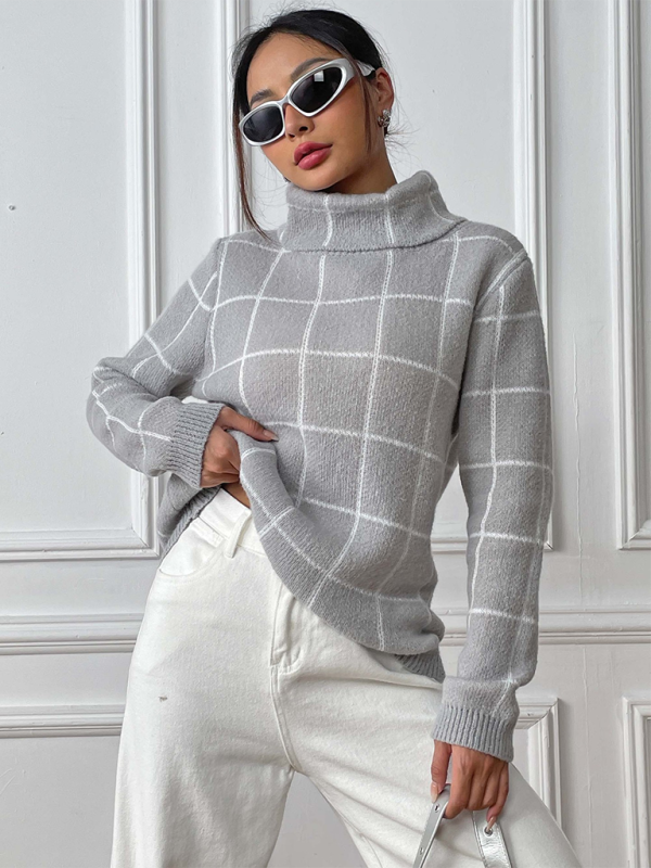 Sweaters- Women’s Cozy Plaid Turtleneck Jumper Sweater for Winter Layering- - Pekosa Women Fashion