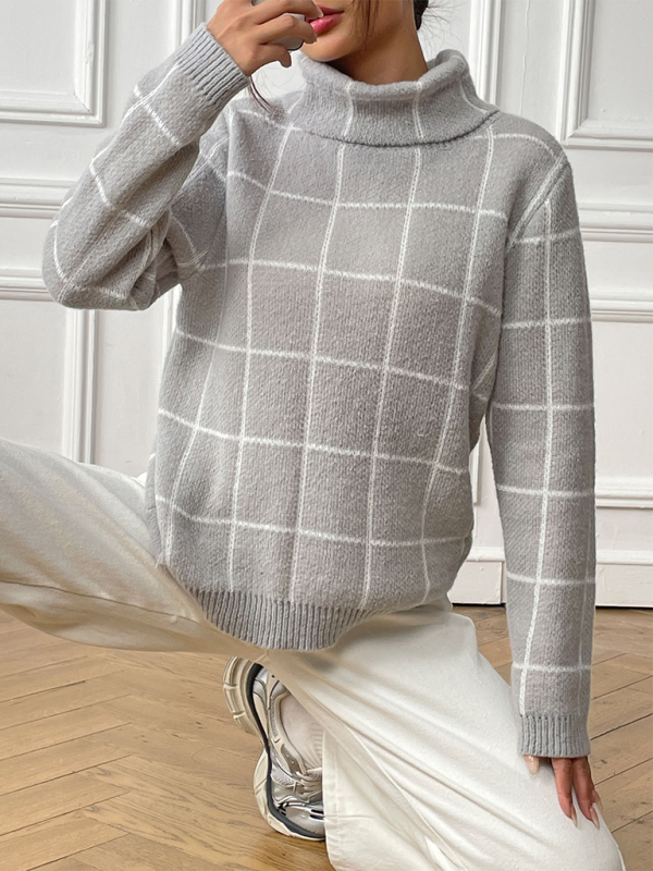 Sweaters- Women’s Cozy Plaid Turtleneck Jumper Sweater for Winter Layering- - Pekosa Women Fashion